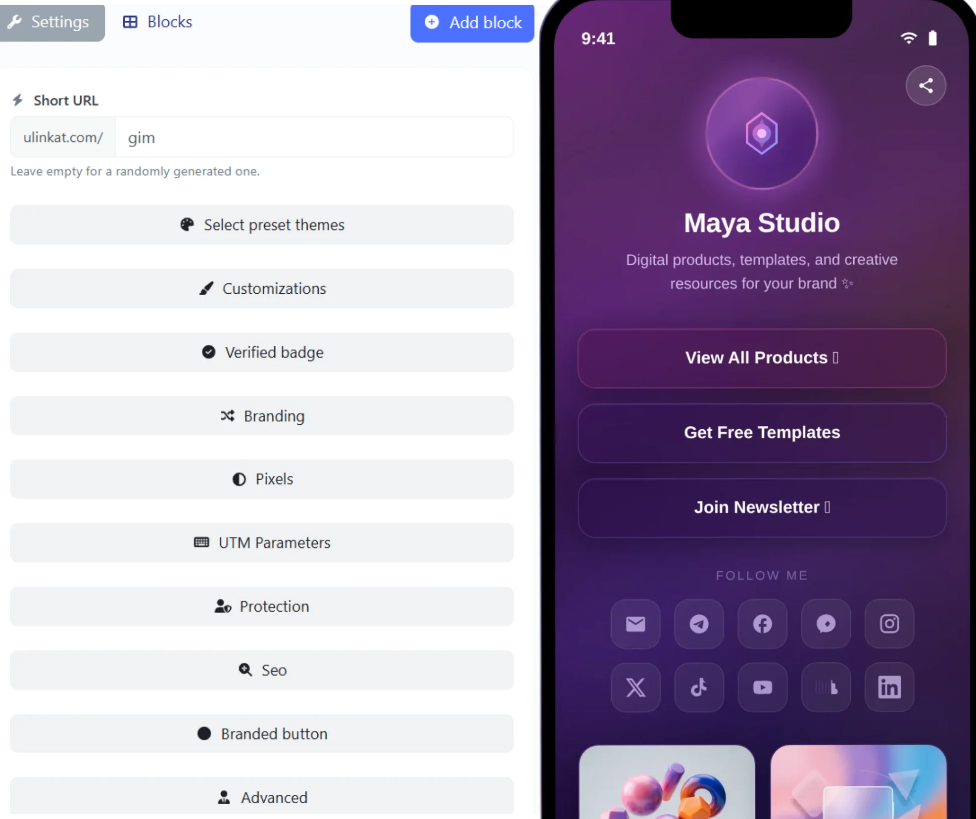 Screenshot of the app biolink editing page